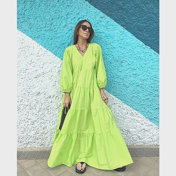 Zara Dresses & Skirts - Zara poplin green flowy boho tiered dress maxi green